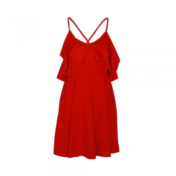 Backless Cross Drawstring Ruffles Bundle Waist V-neck Strap Mini Dress Summer Red 